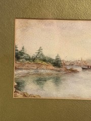 Antique Original Coastal Watercolor Seascape Nautical Landscape w/ Boat