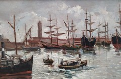 Old Italian Port Scene with Sailboats, Marina, Original Old Oil Painting signed