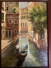 Venetian Canal Painting — gondolier, stone bridge, Framed Art