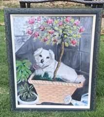 LG Portrait White Dog Topiary Tree Garden Canvas Framed 25.75”x32” (22”x28”)