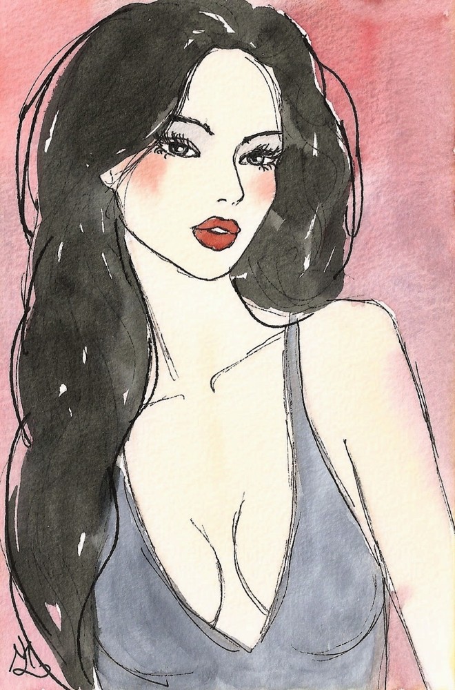 PORTRAIT erotic woman girl ink watercolor original 10×15