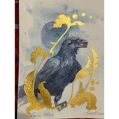 Original Raven Moon painting crow Gold accents surrealism Signed artettina USA