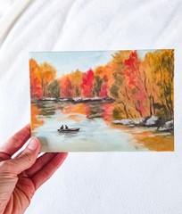 Day at the Lake ORIGINAL Oil Painting Impressionism Boat Autumn Park River 5″x7″