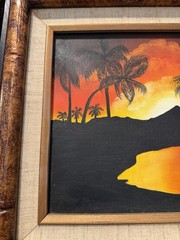 Vintage Oil Painting Silhouette Tropical Island Sunset Signed Ornate Frame 8×10