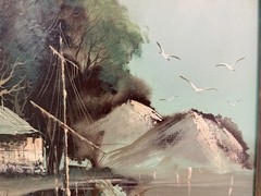 Vintage Mid Century Harbor Oil Painting Signed W. Young MCM Canvas Framed Large