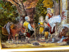 Pierre Bonnet Limoges Enamel on Copper Silver Foil Plaque Village Scene C. 1955