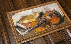 Original Signed Painting Violin Resting on Books, Scalloped Gilt Frame, Newlin