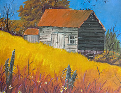 cottage landscape acrylic painting trees flowers old barn blue sky
