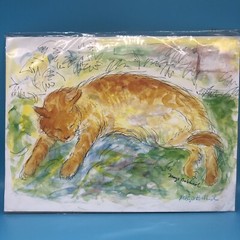 Original Watercolor & Pen Print orange ginger Cat SIGNED Marge Bobbinski