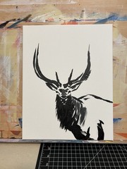 Laeknapes Original Abstract Painting 14X11 Canvas Monochromatic Elk Wildlife Art