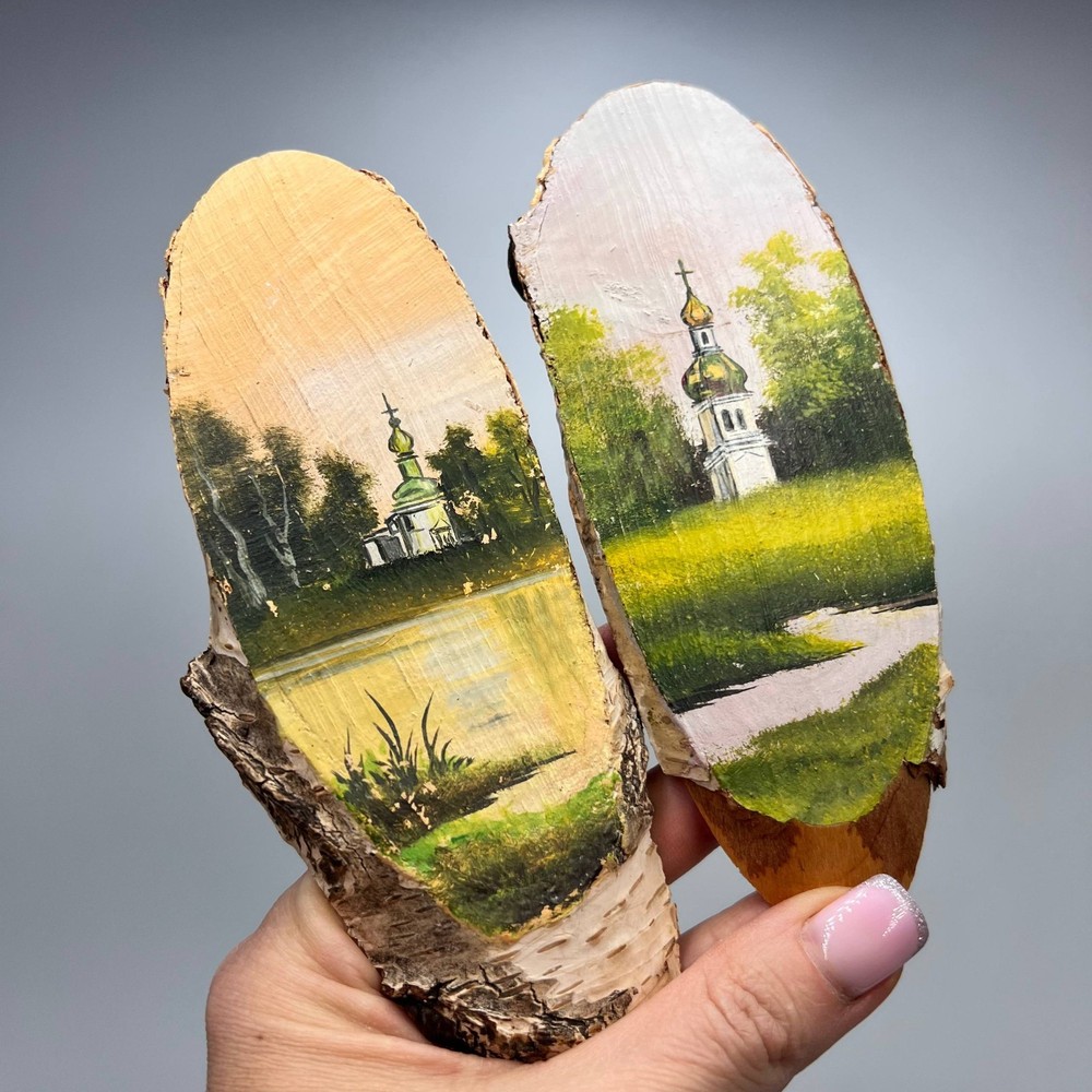 Vintage Ukrainian Oil Paintings on Birch Wood Set of 2 Folk Art Wall Decor Gift