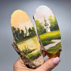 Vintage Ukrainian Oil Paintings on Birch Wood Set of 2 Folk Art Wall Decor Gift