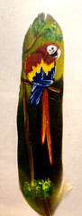 Vintage 2 JOSE GARRO – PARROT PAINTED on FEATHER – Costa Rica – Framed &SIGNED