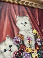Janet Holmes Antique 1930s Deco Cat Kitten Pansy Flower Wagon Portrait Painting