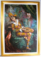 HUGE VINTAGE COLORFUL OIL PAINTING ON CANVAS SIGNED REYES HARLEQUIN W/ MANDOLIN