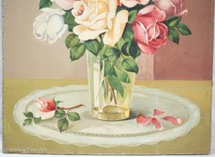 Stunning Vintage Oil Painting of Pink Roses in Clear Vase Signed A. Ruiz, Fine!