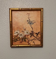 Vintage Painting in Faux Bamboo Frame, Original Signed Birds In Trees