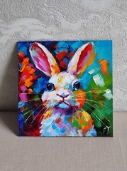 original oil painting Rabbit Bunny Pet artwork Colorful animals wall art 8*8 in