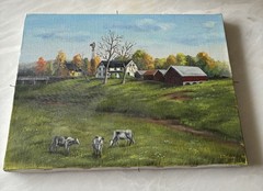 Vtg Original Oil Painting “Suttons Farm” Barn Landscape Cows Unframed Lis Behnke