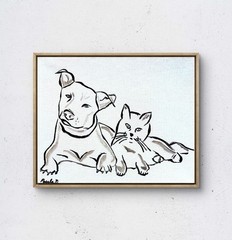 Modern Expressionist Dog And Cat Portrait, Original 14×11 Canvas Signed