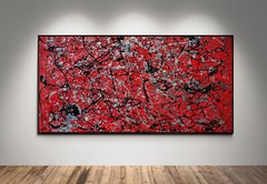 XXL Jackson Pollock Style Red & Black Abstract Textured Painting 59×30 in