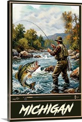 Bass Fly Fishing Travel Poster Michigan Print, Canvas, or Framed
