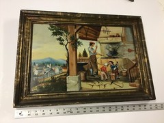 Antique Folk Art Oil/Wood Panel Blacksmith With Town in Background