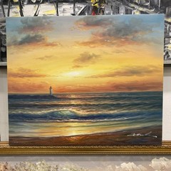 Oil Painting 20×24″ Ocean waves under sunset, seagulls flying, lighthouse