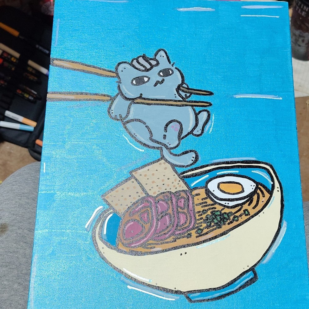 Cartoon Cat Eating Ramen Painting – Unframed Single Piece Animal Food Artwork