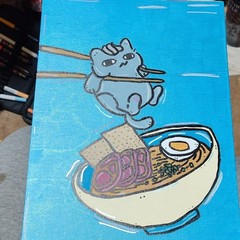 Cartoon Cat Eating Ramen Painting – Unframed Single Piece Animal Food Artwork