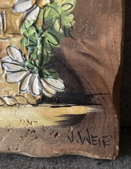 Lovely 3D Vtg Daisies Basket Butterfly Oil Painting Wood Signed J Weir Folk Art