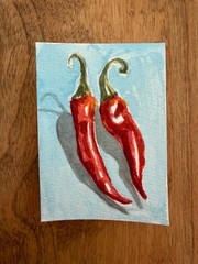 ACEO Original red chili peppers still life, veggie food illustration 2.5 x 3.5in