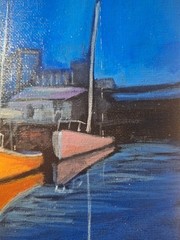 Original Impressionist 8×8 Sailboat Harbor Acrylic Panel Painting Signed Blue