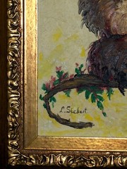Authentic ORIGINAL Baby Owl Bird Brown Beige Happy Limb Tree Signed Oil Canavas