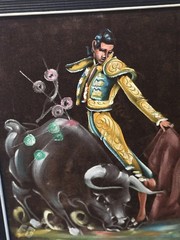 Vintage Matador Bull Fighting Black Velvet Painting Framed 18.5″x15″