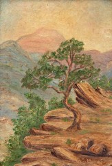 Vintage Southwestern American Landscape Painting Tree on Cliff, Signed Illegibly