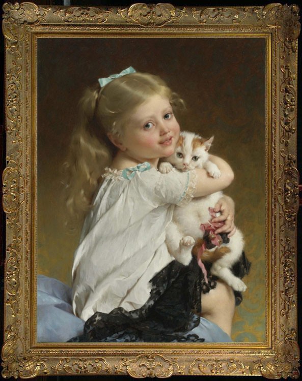 Hand Painted Oil Painting art female Small girl and cat on Canvas 24″X36″
