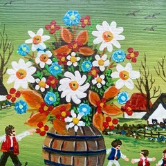 Vintage Folk Art Oil Painting Mini Poland Warsaw Colorful Signed Stevan Popovski