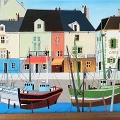 Vtg 60s Lilian Latal Oil On Masonite Board Seaport Town Naive Folk Art Framed