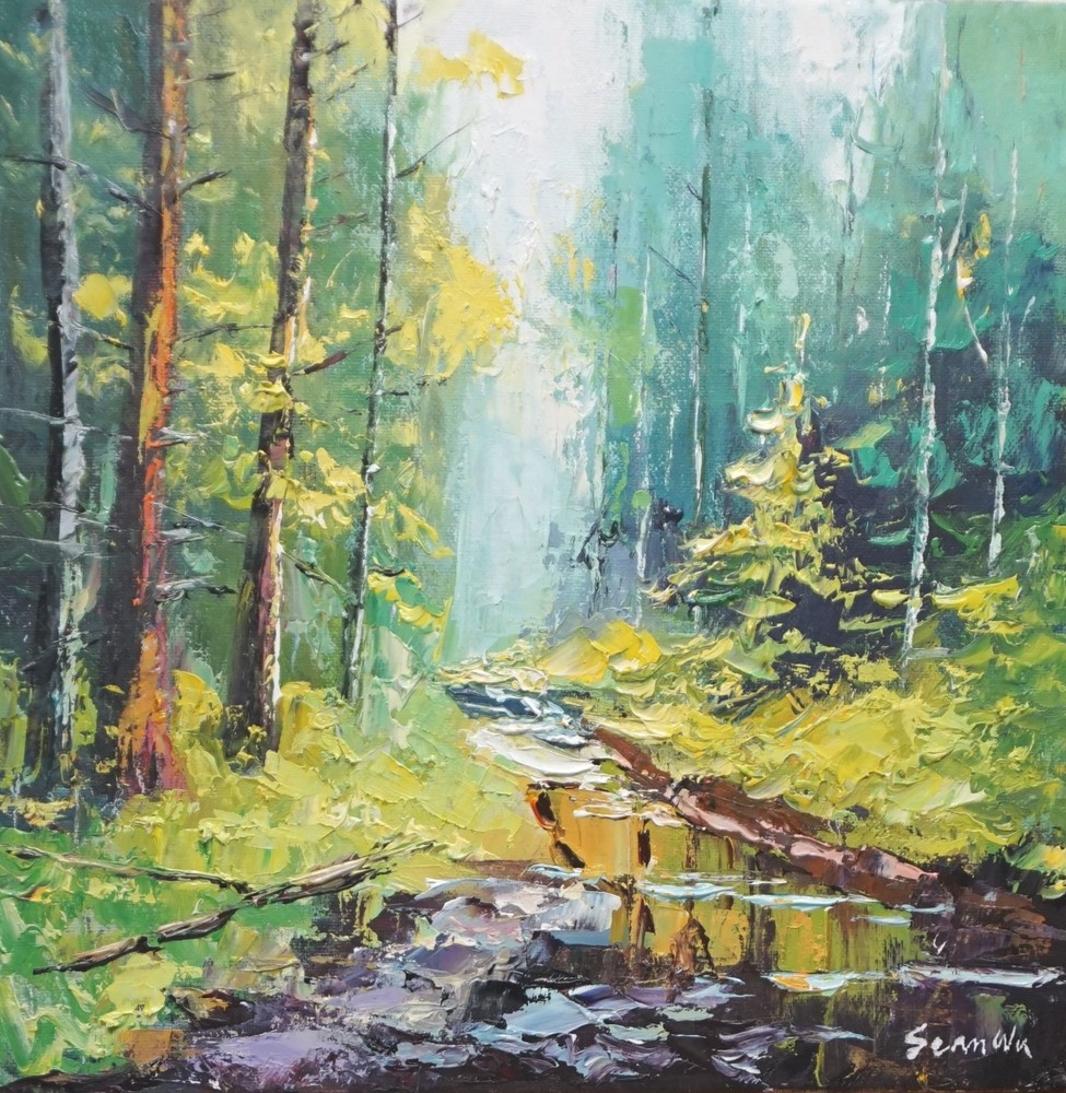 Sean Wu original oil painting, 12×12 on stretched canvas，forest stream