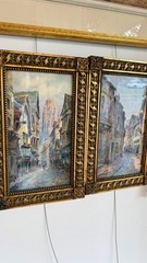 Pair Signed French Village Street Scene Watercolors M Guillebert Gothic Frames