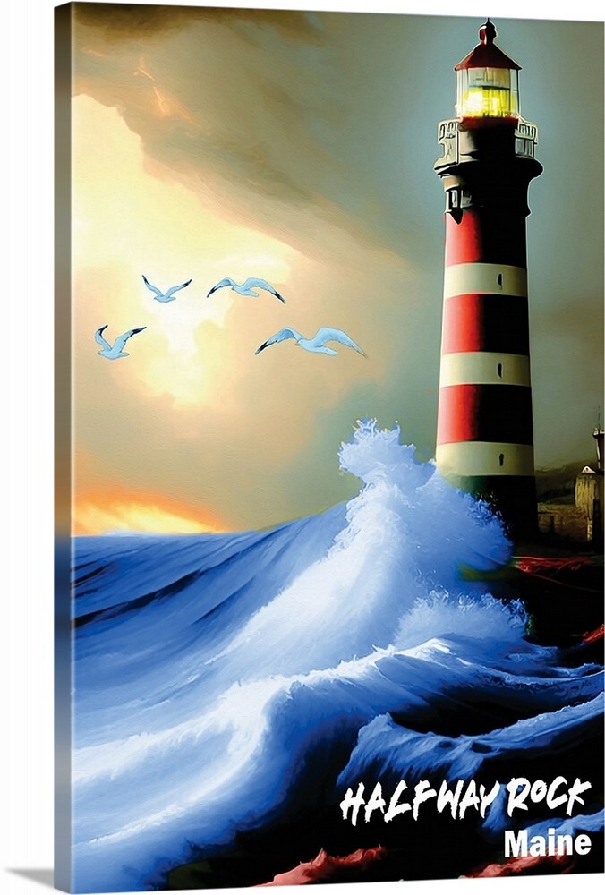 Halfway Rock Maine Lighthouse Crashing Waves Art Travel Poster or a Canvas Wrap