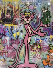 JOZZA FUNNY DAY ORIGINAL MIXED MEDIA ON STRETCHED CANVAS 48X60 PINK PANTHER