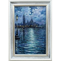 London Original Oil Painting 4×6 Framed Signed Night Cityscape Thames Moon Art