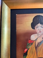 Vintage 1940s woman portrait original oil painting lady colorful framed art