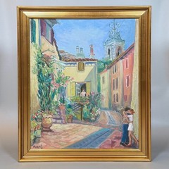 Vintage French Oil Painting Bagnols Village Provence Kissing Couple Signed
