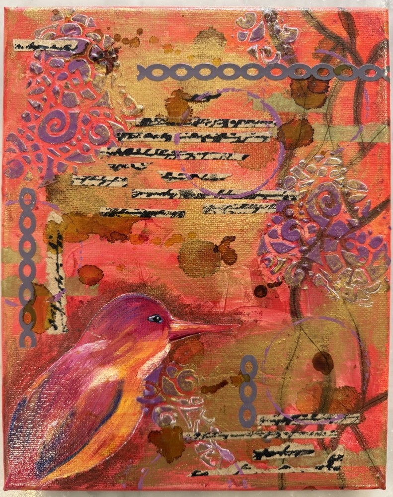 Original Signed Mixed Media Acrylic Bird Painting 8×10 “Red and Purple” 2015