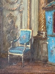 19thC Leonce De JONCIERES (1871-1952) Sedan Chair Interior Castle Versailles Oil