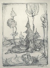 Vintage, Hans Engels, „Spring“ pen drawing, 17 x 21, reverse drawing in lead