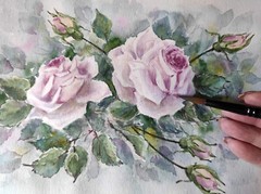 Flowers Delicate Blush BURGUNDY ROSES Original Artwork Modern Painting Floral A4